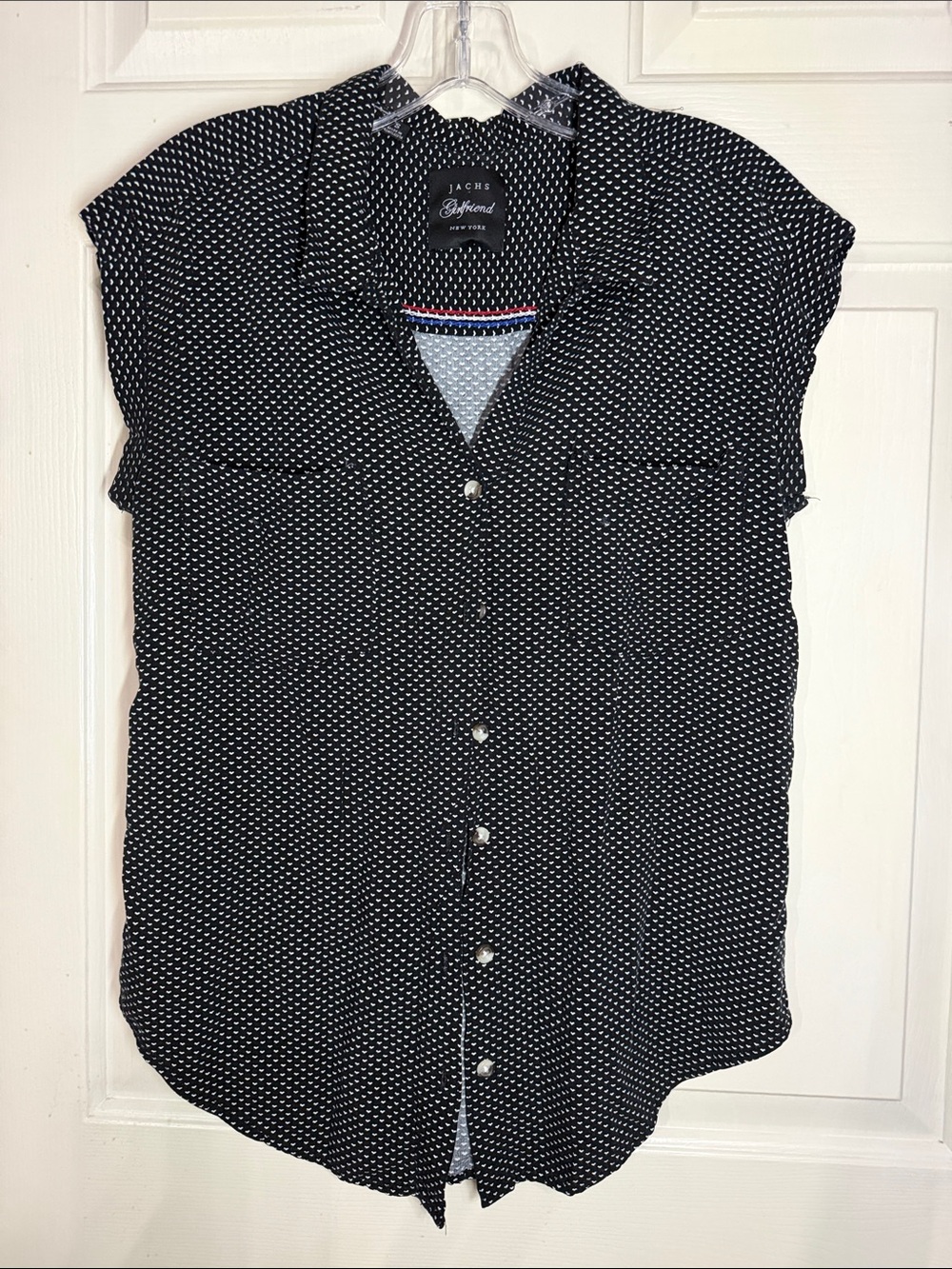 JACHS Girlfriend Black and White Dot Cap-Sleeve Button-Front Shirt